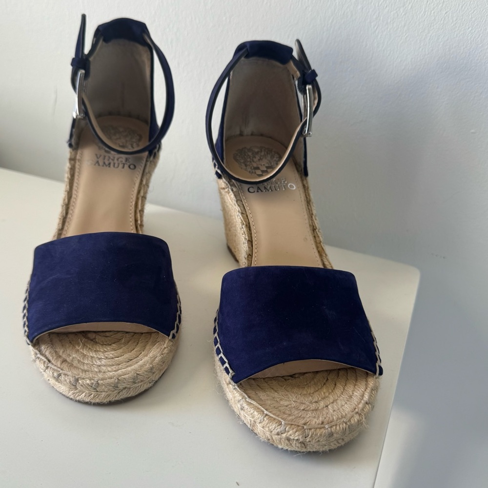 Vince Camuto Navy Suede Espadrille Wedge Sandals with Ankle Strap
